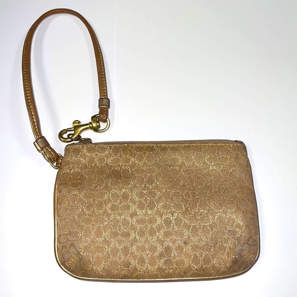 Coach Beige Satin Gold Thread Small Wristlet